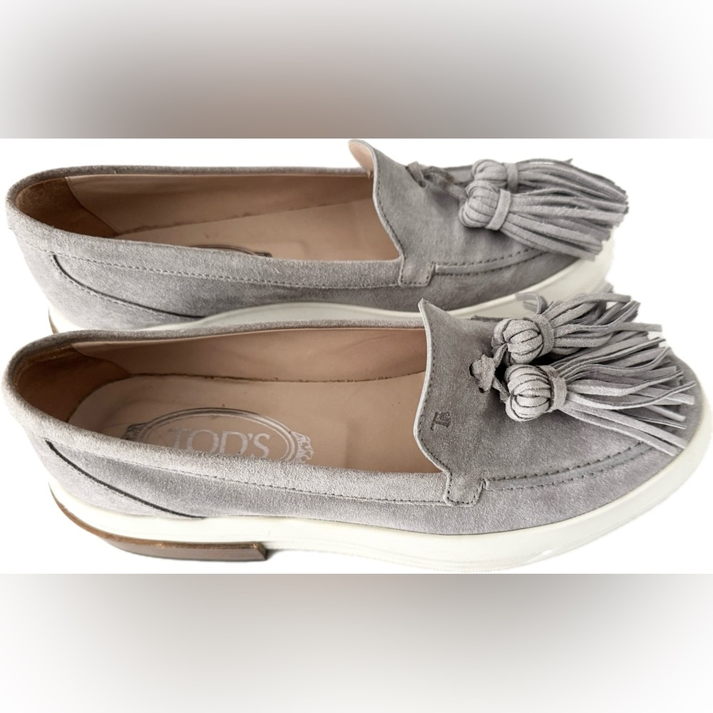 Tod's Women's Gray Suede Leather Tassel Loafers Sneakers 37 / 7